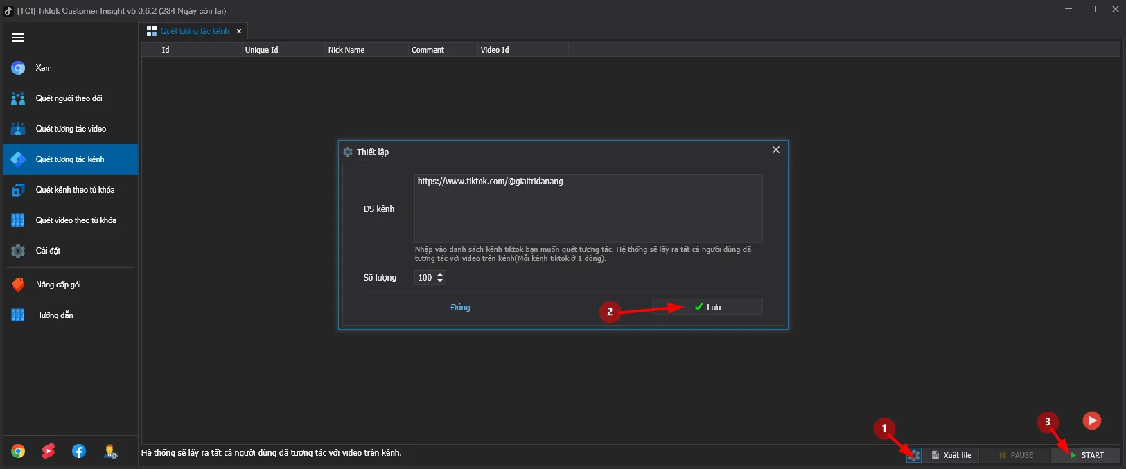 Cấu hình cho tính năng quét danh sách tài khoản tương tác kênh tiktok