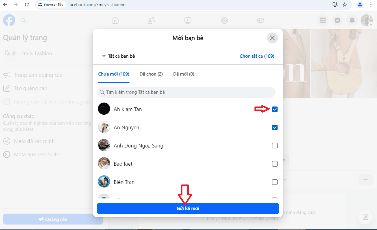 Gửi lời mời thích trang