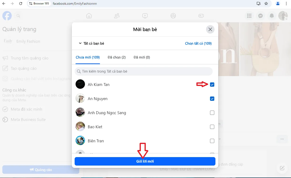 Gửi lời mời thích trang