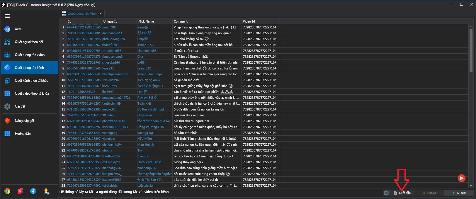Xuất danh sách người tương tác trên kênh tiktok ra file txt